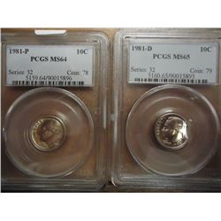 1981-P & D ROOSEVELT DIMES BOTH PCGS'S 1981-P IS MS64 AND 1981-D IS MS65
