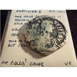 518-527 A.D. SILVER JUSTINIUS I ANCIENT COIN VF 17 GRAMS, HALF DOLLAR SIZE