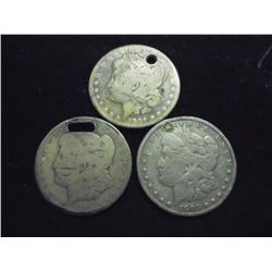 2 HOLEY AND 1 PLUGGED MORGAN SILVER DOLLARS 1884, 1894 & 1901-O