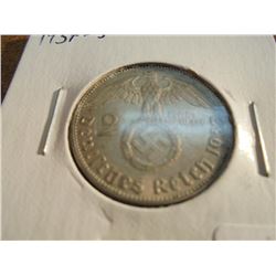 1937-J GERMAN SILVER 2 MARK WITH SWASTIKA