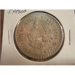 1947 MEXICO SILVER 5 PESOS .8680 OZ. ASW