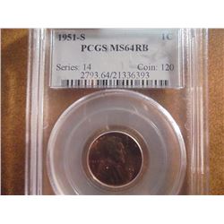 1951-S LINCOLN CENT PCGS MS64RB
