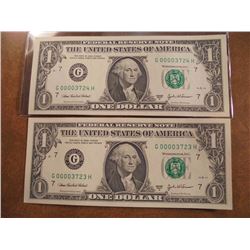 2-2003-A $1 FRN'S LOW CONSECUTIVE SERIAL 'S UNC SERIAL NUMBERS ARE:G00003723H-G00003724H