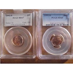 1992-P & D ROOSEVELT DIMES BOTH PCGS'S 1992-P IS MS67 AND 1992-D IS MS65