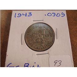 1943 GREAT BRITAIN SILVER SHILLING .0909 OZ. ASW