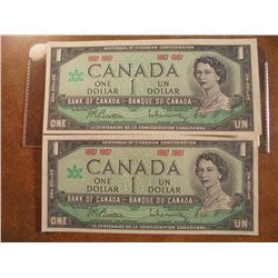 2-1967 CANADA $1 BILLS CRISP UNC CONFEDERATION 1867-1967 SPECIAL SPECIMEN NOTES