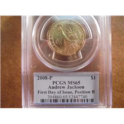 2008-P JACKSON DOLLAR PCGS MS65 POS. B 1ST DAY ISSUE
