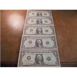 5-1977 $1 FRN'S CRISP UNC CONSECUTIVE SERIAL 'S G77439766F-G77439770F