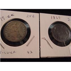 1877-CC SEATED LIBERTY QUARTER (FINE) AND 1865 US TWO CENT PIECE