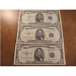 3-1953-B $5 BLUE SEAL SILVER CERTIFICATES BILLS ARE CRISP