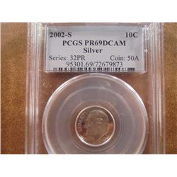 2002-S SILVER ROOSEVELT DIME PCGS PR69 DCAM