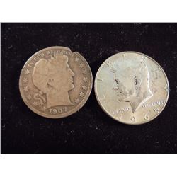 1907-S BARBER (NOTCHED RIM) & 1965 40% SILVER JFK
