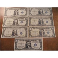 1935-D,5-35-G & 35-H $1 SILVER CERTIFICATES BLUE SEALS, 7 BILLS TOTAL