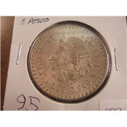 1948 MEXICO SILVER 5 PESOS .8680 OZ. ASW