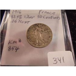 1916 FRANCE SILVER 50 CENTIMES