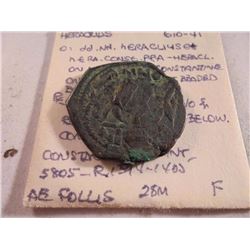 610-641 A.D. HERACLIUS ANCIENT COIN OVERSTRUCK ON PHOCAS-FOLLIS