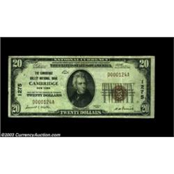 Cambridge, NY - $20 1929 Ty. 1 The Cambridge Valley NB Ch. # 1275This is a very scarce small note, a