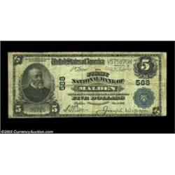 Malden, MA - $5 1902 Plain Back Fr. 598 The First NB Ch. # 588Evenly circulated Fine, with good sign