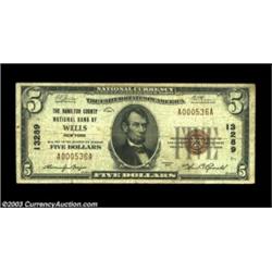 Wells, NY - $5 1929 Ty. 1 The Hamilton County NB Ch. # 13289A very rare note from the only bank to i