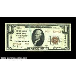 Westport, NY - $10 1929 Ty. 2 The Lake Champlain NB Ch. # 9405Serial number A000001, a great note fr