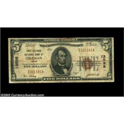 Coleman, TX - $5 1929 Ty. 1 First Coleman NB Ch. # 13595A very scarce bank, which, despite all of th