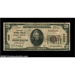 Post City, TX - $20 1929 Ty. 1 The First NB Ch. # 9485A very rare west Texas note from the only bank