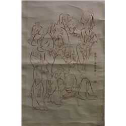 [CHINESE]A "HONG YI FA SHI"SEALED CHINESE PAINTING OF EIGHTEEN ARHAT L:42" W:23.25"