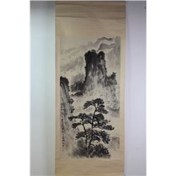 [CHINESE]A DONGSHOUPING INSCRIBED WATER COLOR PAINTING SCROLL OF LANDSCAPE W:26" H:53"