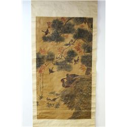 A XINLUOSHANREN INSCRIBED WATER COLOR PAINTING OF BIRDS ANF PINE TREE