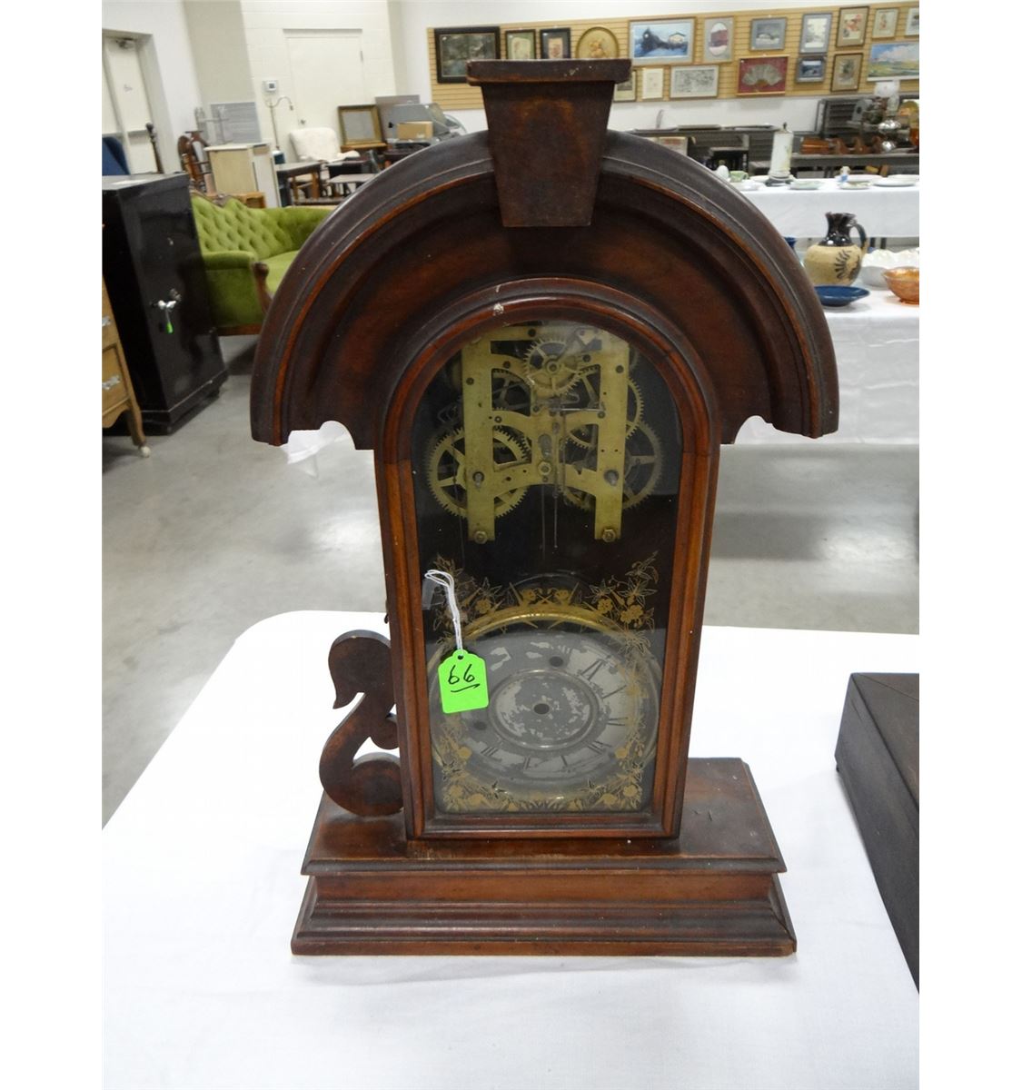New Haven Parisian tear drop case clock, indicator pendulum, 8 day