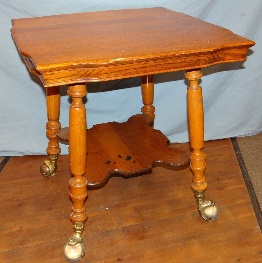 Oak parlor table, large brass/glass ball feet, 28" square