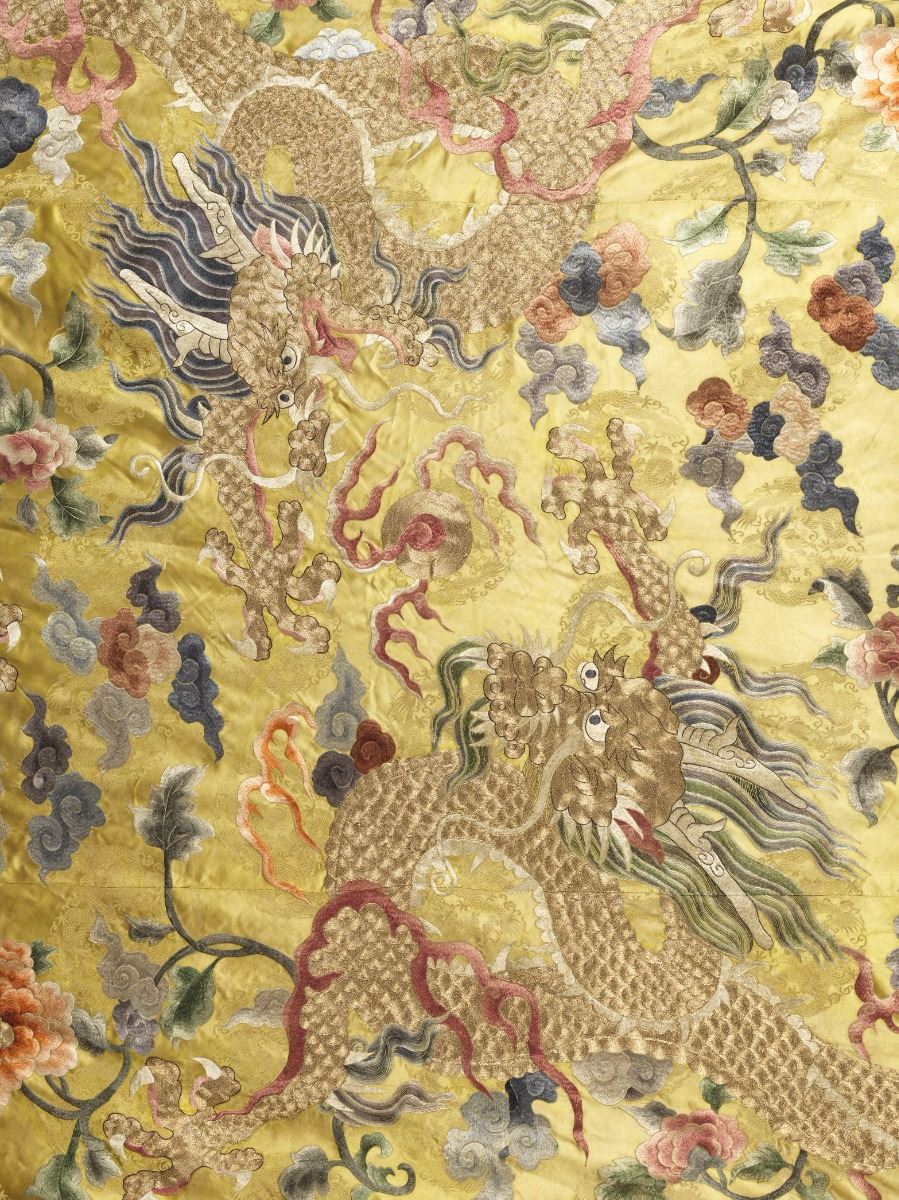 A CHINESE SILK EMBROIDERED BLANKET OVERLAY