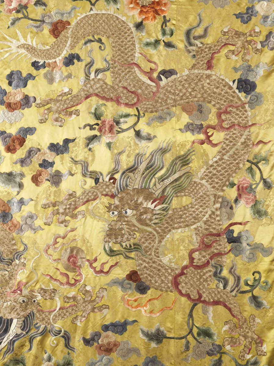 A CHINESE SILK EMBROIDERED BLANKET OVERLAY