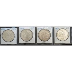 4 Morgan dollars: 1878-P, 1879-P, 1879-S, 1880-P, all XF