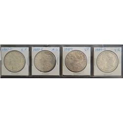 4 Morgan dollars: 1887-O  XF, 1887-S, AU, 1889-P, VF, 1889-O VG