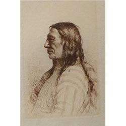 2  J. H. Sharp untitled etchings, Indian portraits, 6" x 9" and 5" x 4", framed, signed lower left