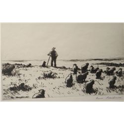 Hans Kleiber etching, The Sheep Herder, 5" x 8", framed