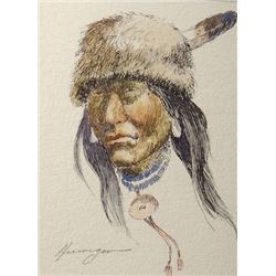 Robert Morgan (deceased) original watercolor, Indian portrait,  8" x 6", framed