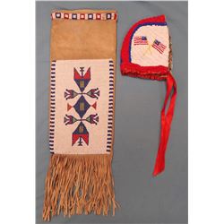 Beaded baby bonnet w/2 American flags and Sioux beaded pipe bag, ca. 1930-50's