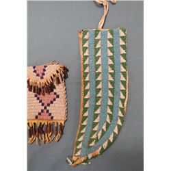 Ute beaded knife sheath, 10 1/2 , some beads missing and Sioux beaded strike-a-light bag with tin co