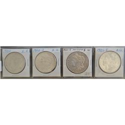 4 Morgan dollars: 1900-P XF, 1900-S  AU, 1901-O XF, 1921-S AU,