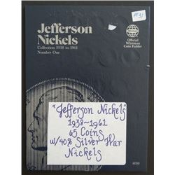 Jefferson nickel folder set, 1938-1961 w/all the silver war nickels