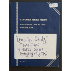 Lincoln Head cent folder 1909-1940, missing 15 coins