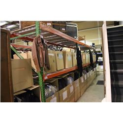 6 SECTIONS OF ORANGE AND GREEN LIGHT DUTY RACKING WITH METAL DECKING