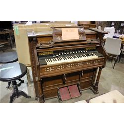 MASON AND HAMLIN PUMP ORGAN WITH 2 CARVED CHAIRS