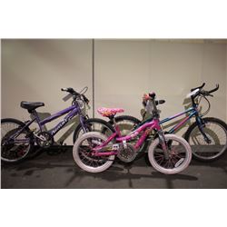 3 BIKES: KIDS PURPLE ARASHI MOUNTAIN BIKE, KIDS PINK BARBIE BIKE & KIDS GREEN NORCO MOUNTAIN BIKE