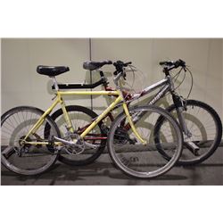 2 BIKES: RED RALEIGH FULL SUSPENSION MOUNTAIN BIKE &YELLOW RALEIGH MOUNTAIN BIKE