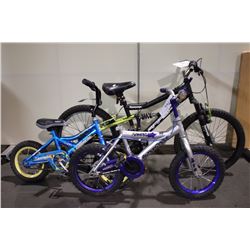 3 BIKES:  GREY KIDS ARASHI FULL SUSPENSION MOUNTAIN BIKE, GREY KIDS SUPERCYCLE BIKE & BLUE KIDS LOUI