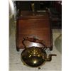 Image 1 : ANTIQUE MAHOGANY AND BRASS COAL BUCKET WITH SCOOP AND EARLY 1900S BRASS KETTLE