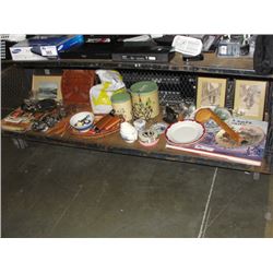 LARGE SHELF LOT FILLED WITH ASSORTED COLLECTABLES AND DECORATIVE HOUSEHOLD ITEMS